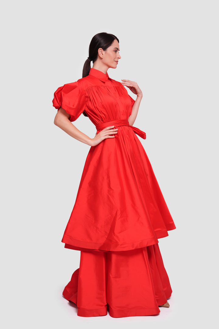 Anna                                                                                                                                                      Red Taffeta Pleated Button-down Front Maxi Dress With Puff Short Sleeves