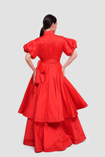 Load image into Gallery viewer, Anna                                                                                                                                                      Red Taffeta Pleated Button-down Front Maxi Dress With Puff Short Sleeves
