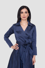Load image into Gallery viewer, Avaleen Deep Navy Taffeta Wrap-Style Midi Dress With Collar
