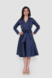 Avaleen Deep Navy Taffeta Wrap-Style Midi Dress With Collar