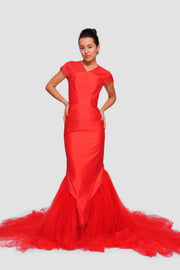 Jennifer Red Satin And Tulle Bustier Mermaid Gown