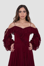 Load image into Gallery viewer, Eesha Wine Georgette Maxi Dress With Ruffle Detailing
