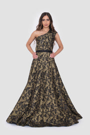 Liora Black Metallic Jacquard One-Shoulder Gown