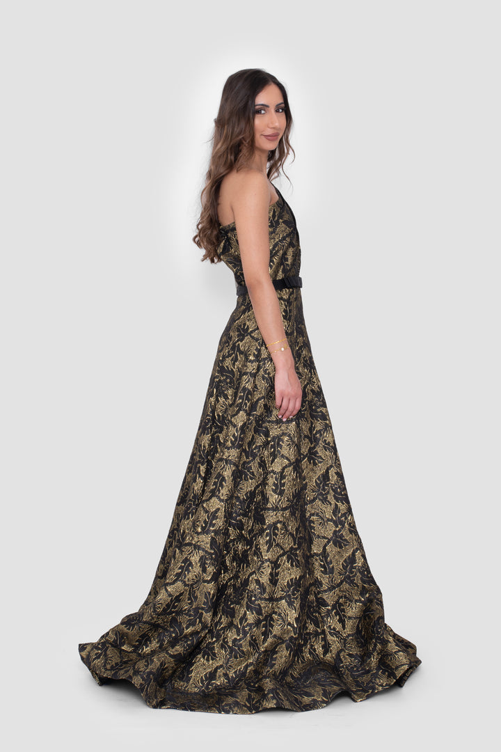 Liora Black Metallic Jacquard One-Shoulder Gown