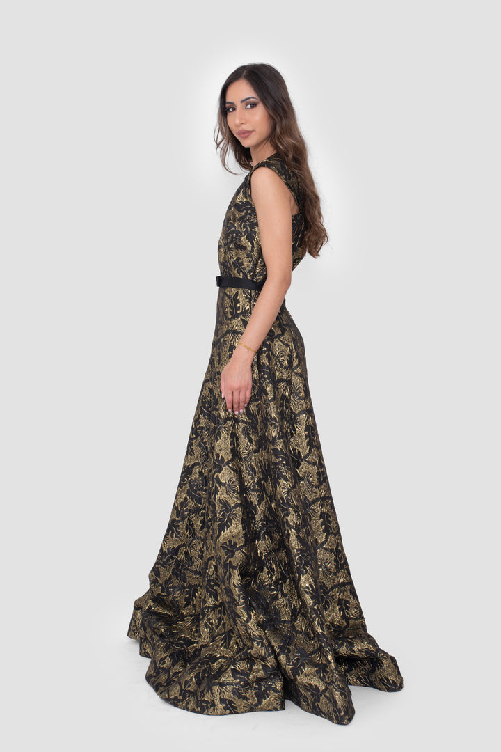 Liora Black Metallic Jacquard One-Shoulder Gown