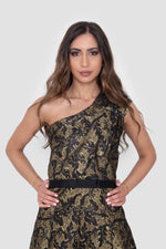 Load image into Gallery viewer, Liora Black Metallic Jacquard One-Shoulder Gown
