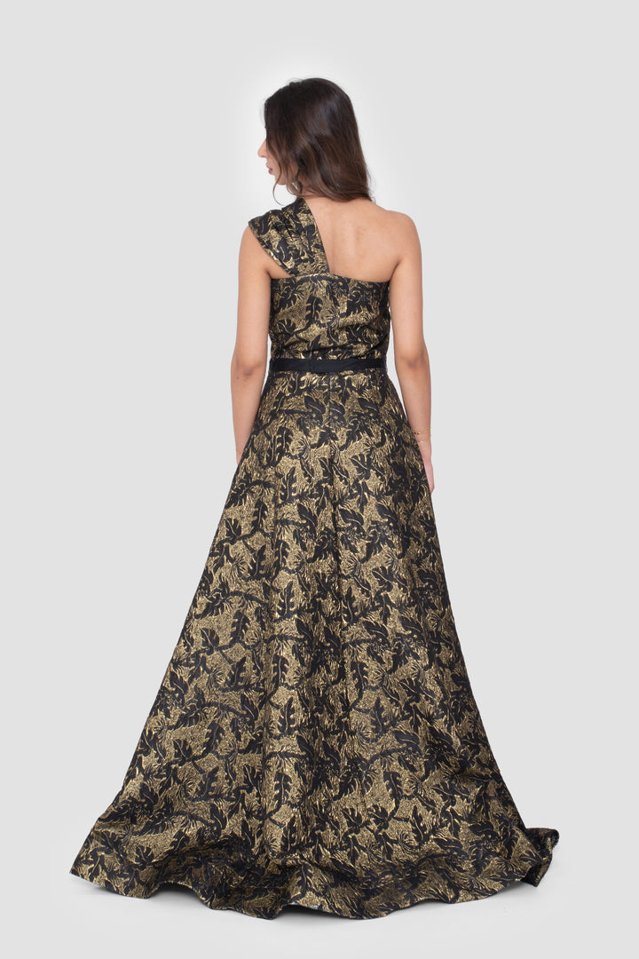 Liora Black Metallic Jacquard One-Shoulder Gown