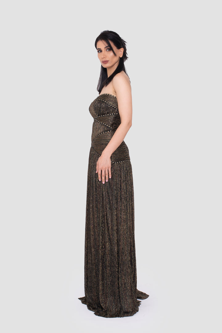 Athena Metallic Bronze And Black Strapless Gown