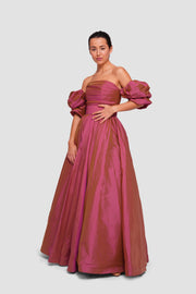 Polina Burgundy Taffeta Strapless Corset Maxi Dress With Puff Sleeves