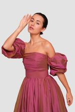 Load image into Gallery viewer, Polina Burgundy Taffeta Strapless Corset Maxi Dress With Puff Sleeves
