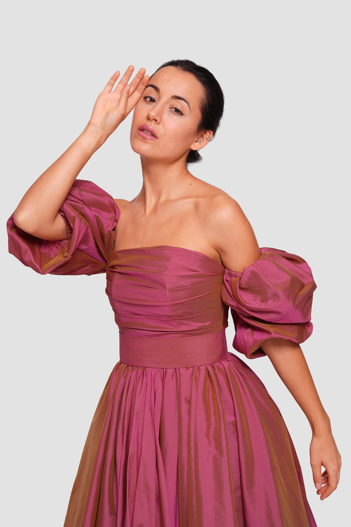 Polina Burgundy Taffeta Strapless Corset Maxi Dress With Puff Sleeves