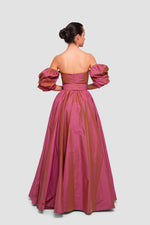 Load image into Gallery viewer, Polina Burgundy Taffeta Strapless Corset Maxi Dress With Puff Sleeves
