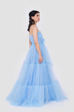 Load image into Gallery viewer, ILLYRA Powder Blue Tulle Strapless Corset Tiered Gown
