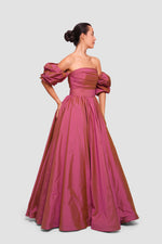 Load image into Gallery viewer, Polina Burgundy Taffeta Strapless Corset Maxi Dress With Puff Sleeves
