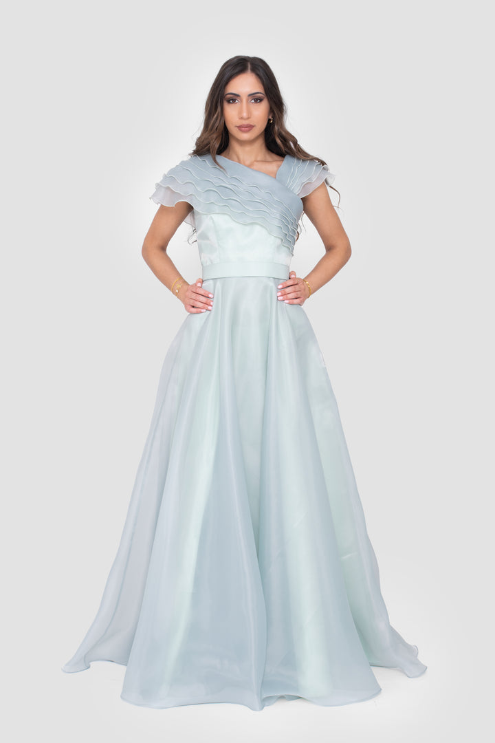 Hulia Soft Mint Organza Ruffled Asymmetric Ruffled Neckline Gown
