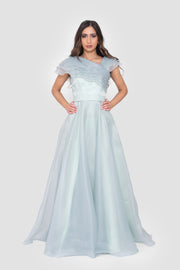 Hulia Soft Mint Organza Ruffled Asymmetric Ruffled Neckline Gown