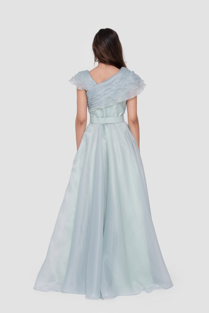 Hulia Soft Mint Organza Ruffled Asymmetric Ruffled Neckline Gown
