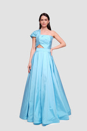 Skella Sky Blue Taffeta Straight Pleated Maxi Dress