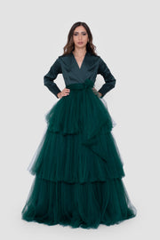 Solyn Forest Green Gown With Blazer-Style Bodice And Layered Tulle Skirt