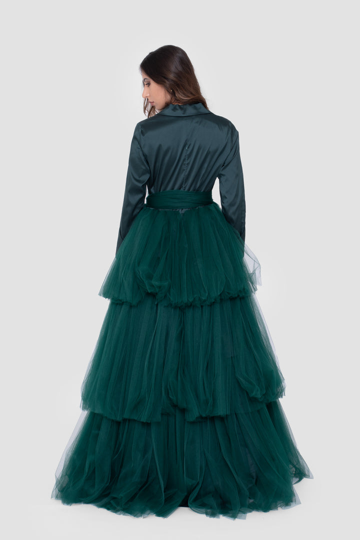Solyn Forest Green Gown With Blazer-Style Bodice And Layered Tulle Skirt