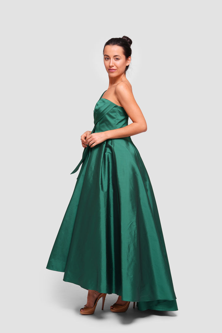 Layal Deep Green Taffeta Maxi Dress With Bow Detail