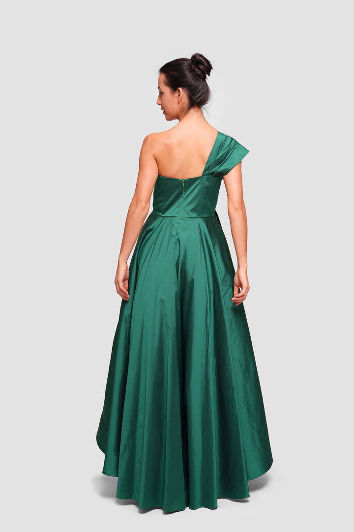 Layal Deep Green Taffeta Maxi Dress With Bow Detail