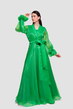 Load image into Gallery viewer, Arabella Emerald Green Silk Organza Wrap-style Maxi Dress With Long Sleeves
