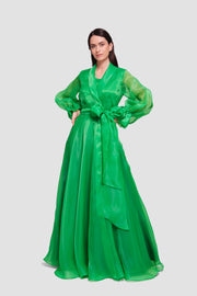 Arabella Emerald Green Silk Organza Wrap-style Maxi Dress With Long Sleeves