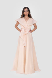 Yasmine Champagne V-neck Maxi Dress With Sculptural Shoulders
