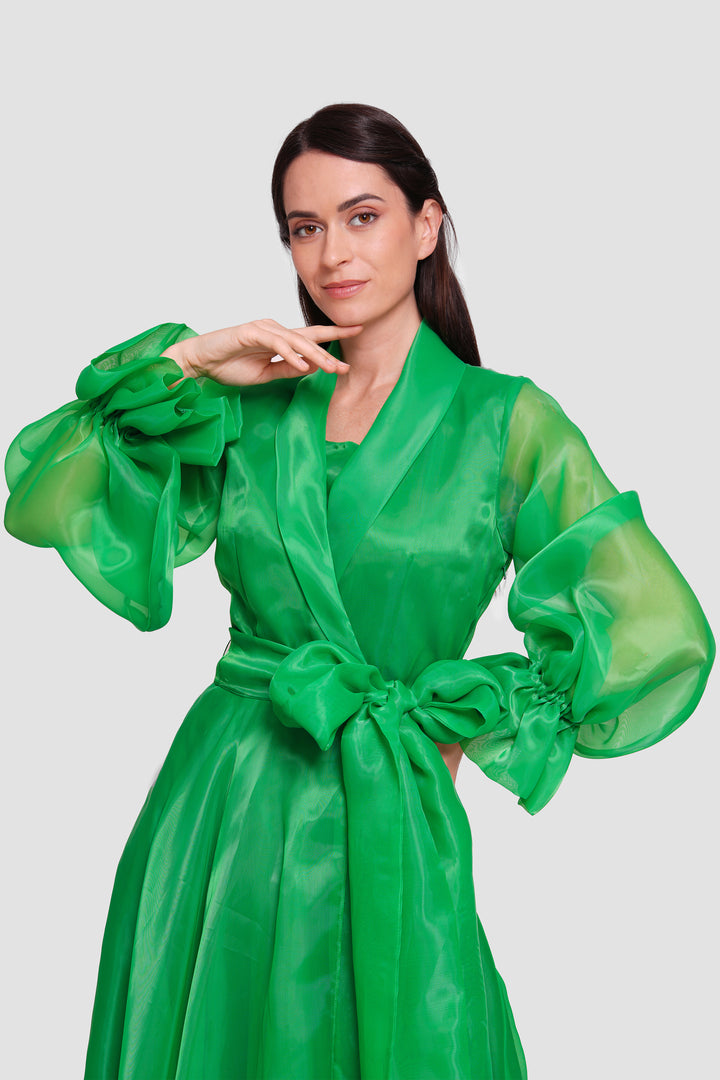 Arabella Emerald Green Silk Organza Wrap-style Maxi Dress With Long Sleeves