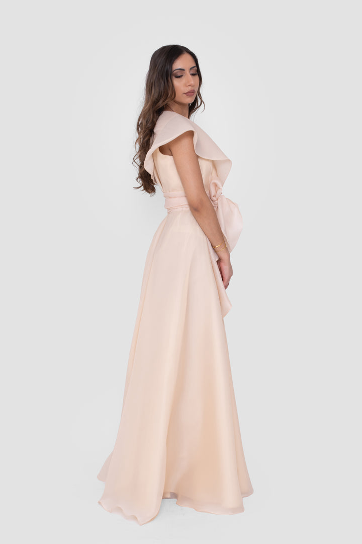 Yasmine Champagne V-neck Maxi Dress With Sculptural Shoulders