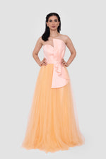 Load image into Gallery viewer, Havilah Strapless Peach Corset Gown With Layered Warm Honey Tulle Skirt
