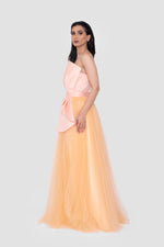 Load image into Gallery viewer, Havilah Strapless Peach Corset Gown With Layered Warm Honey Tulle Skirt
