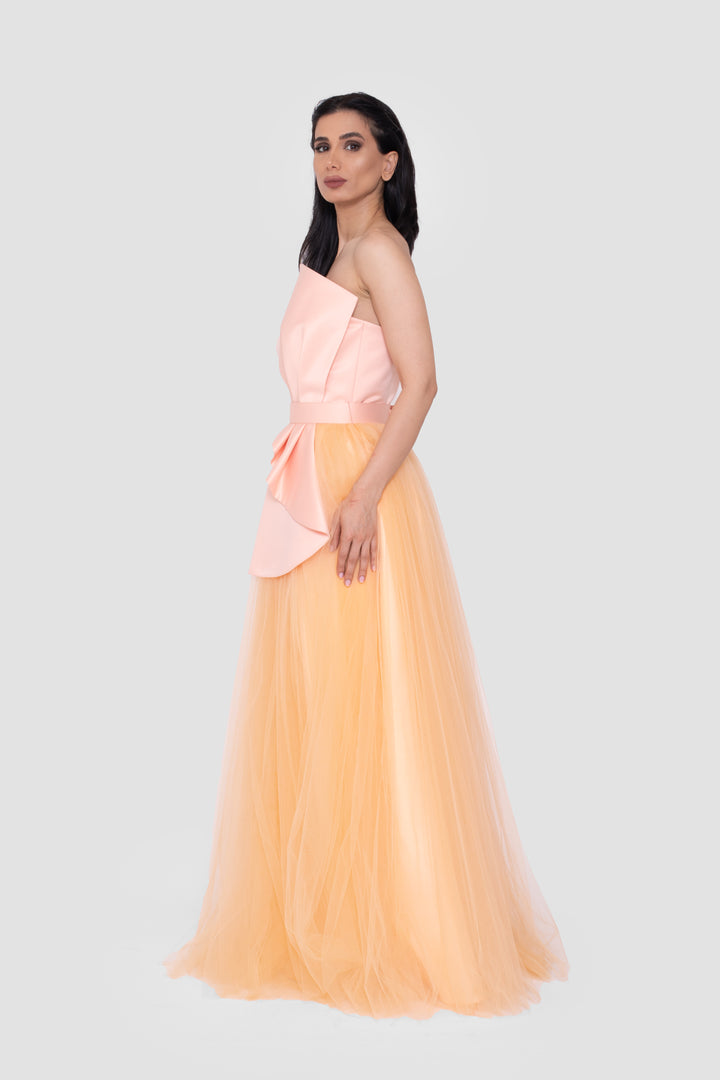 Havilah Strapless Peach Corset Gown With Layered Warm Honey Tulle Skirt