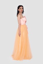 Load image into Gallery viewer, Havilah Strapless Peach Corset Gown With Layered Warm Honey Tulle Skirt
