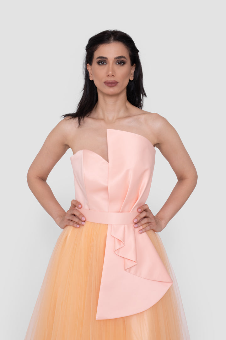 Havilah Strapless Peach Corset Gown With Layered Warm Honey Tulle Skirt