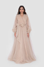 Load image into Gallery viewer, Zulaika Champagne Beige Surplice Neckline Gown With Ruffled Details
