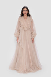 Zulaika Champagne Beige Surplice Neckline Gown With Ruffled Details