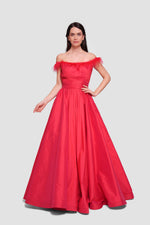 Load image into Gallery viewer, Angy Red Taffeta Off-shoulder Pleated Maxi Dress With Feather Trim
