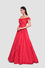 Load image into Gallery viewer, Angy Red Taffeta Off-shoulder Pleated Maxi Dress With Feather Trim
