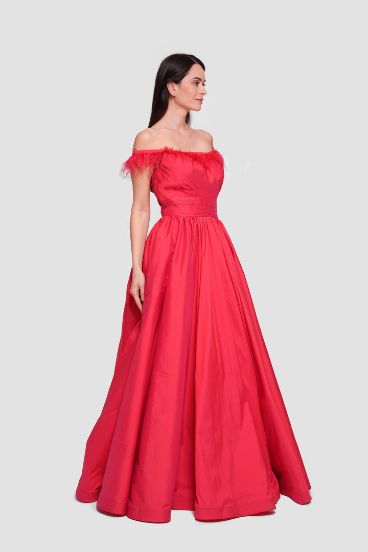 Angy Red Taffeta Off-shoulder Pleated Maxi Dress With Feather Trim