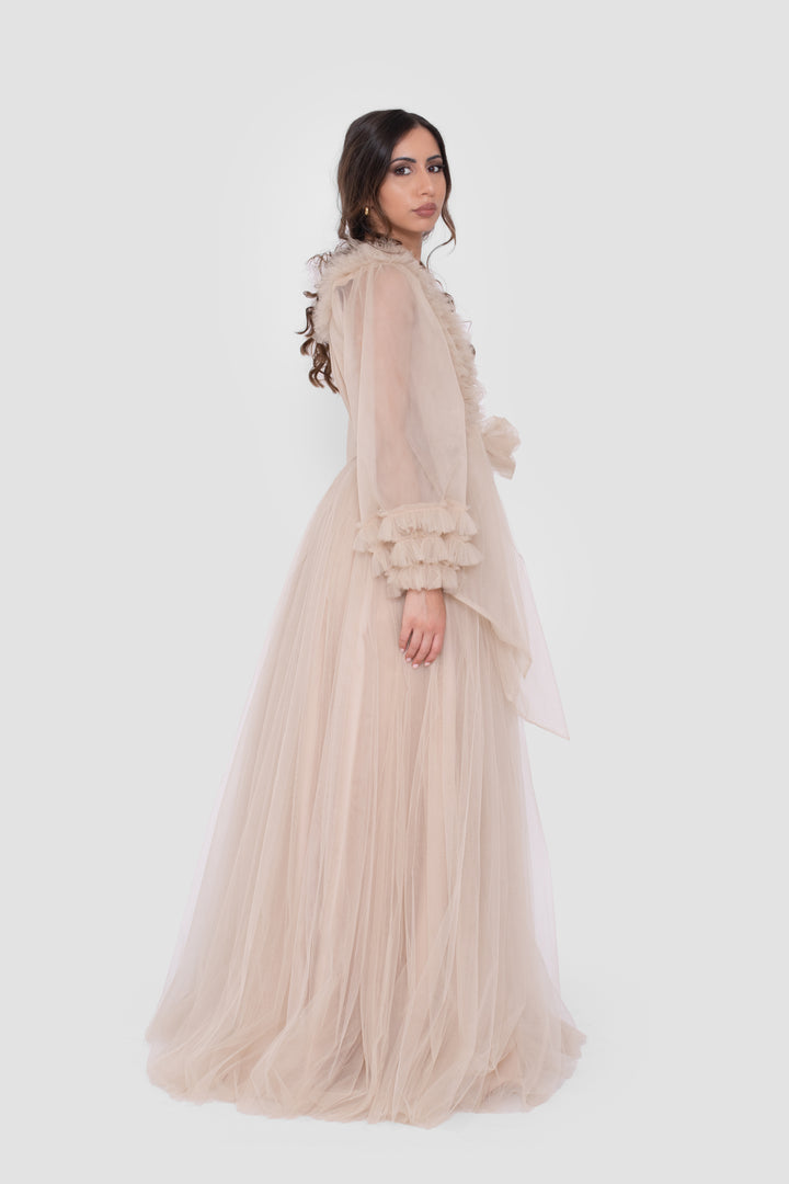 Zulaika Champagne Beige Surplice Neckline Gown With Ruffled Details