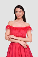 Load image into Gallery viewer, Angy Red Taffeta Off-shoulder Pleated Maxi Dress With Feather Trim
