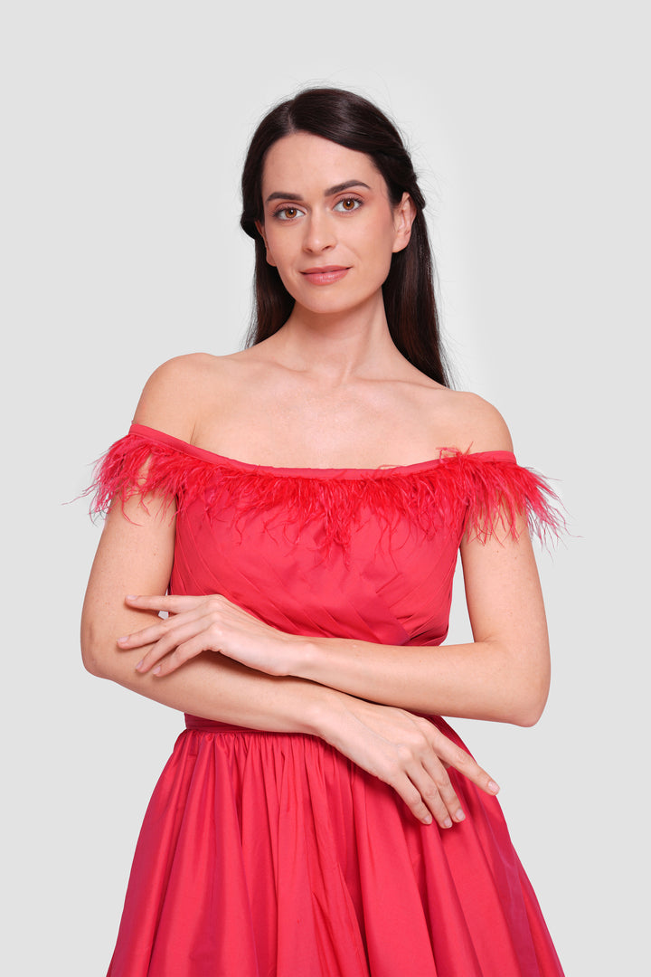 Angy Red Taffeta Off-shoulder Pleated Maxi Dress With Feather Trim