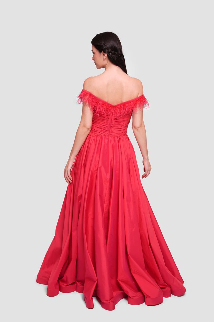 Angy Red Taffeta Off-shoulder Pleated Maxi Dress With Feather Trim