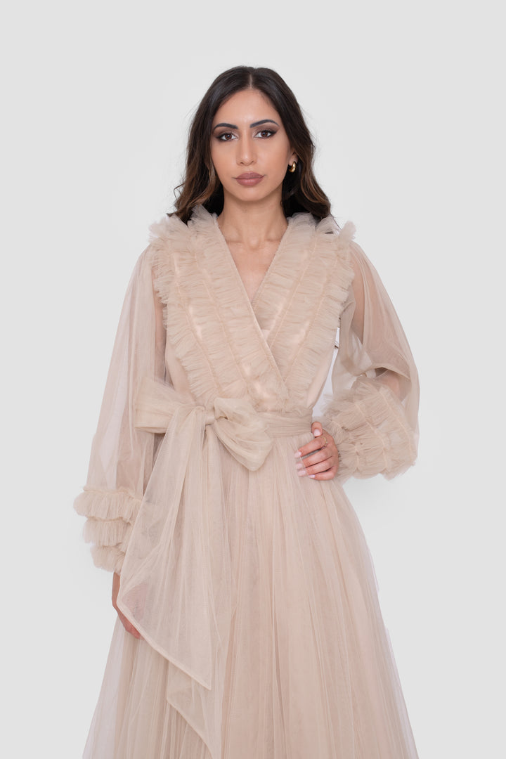 Zulaika Champagne Beige Surplice Neckline Gown With Ruffled Details