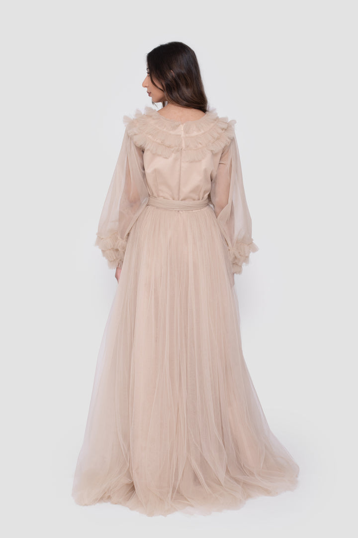 Zulaika Champagne Beige Surplice Neckline Gown With Ruffled Details
