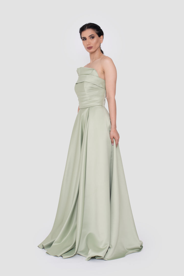 Milda Sage Green Bridal Satin Strapless Corset Gown