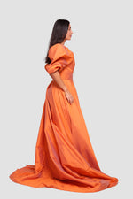Load image into Gallery viewer, Zara Burnt Orange Taffeta Asymmetrical Pleated Bodice With Puff Sleeves Gown
