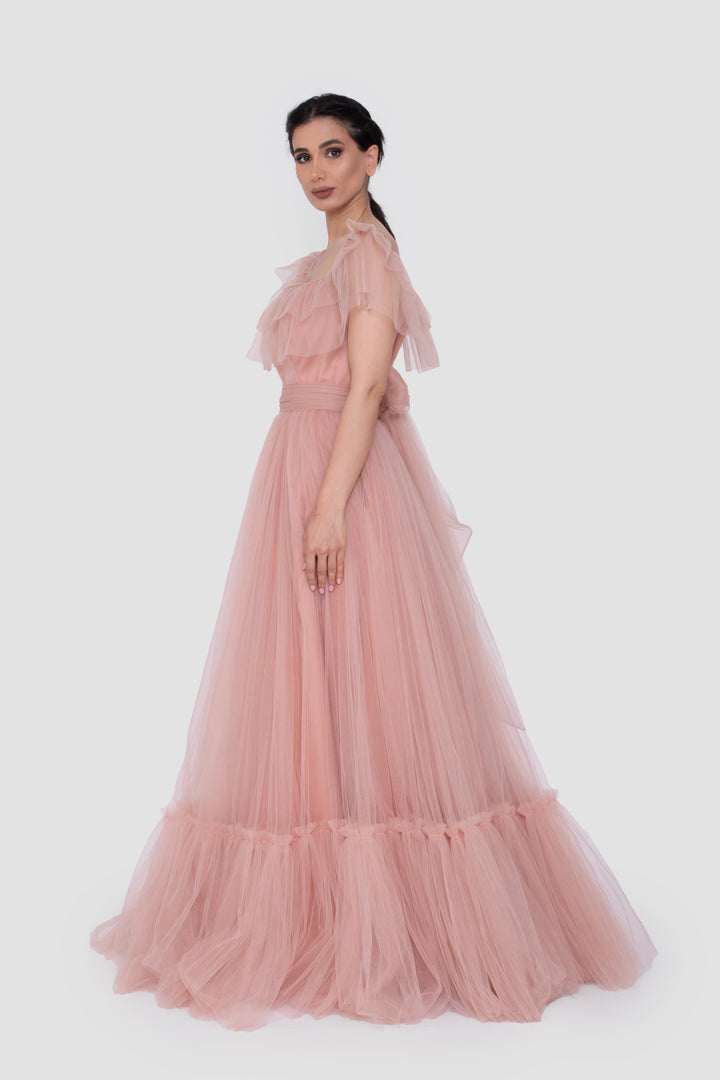 Mireya Blush Pink Tulle Off-Shoulder Gown